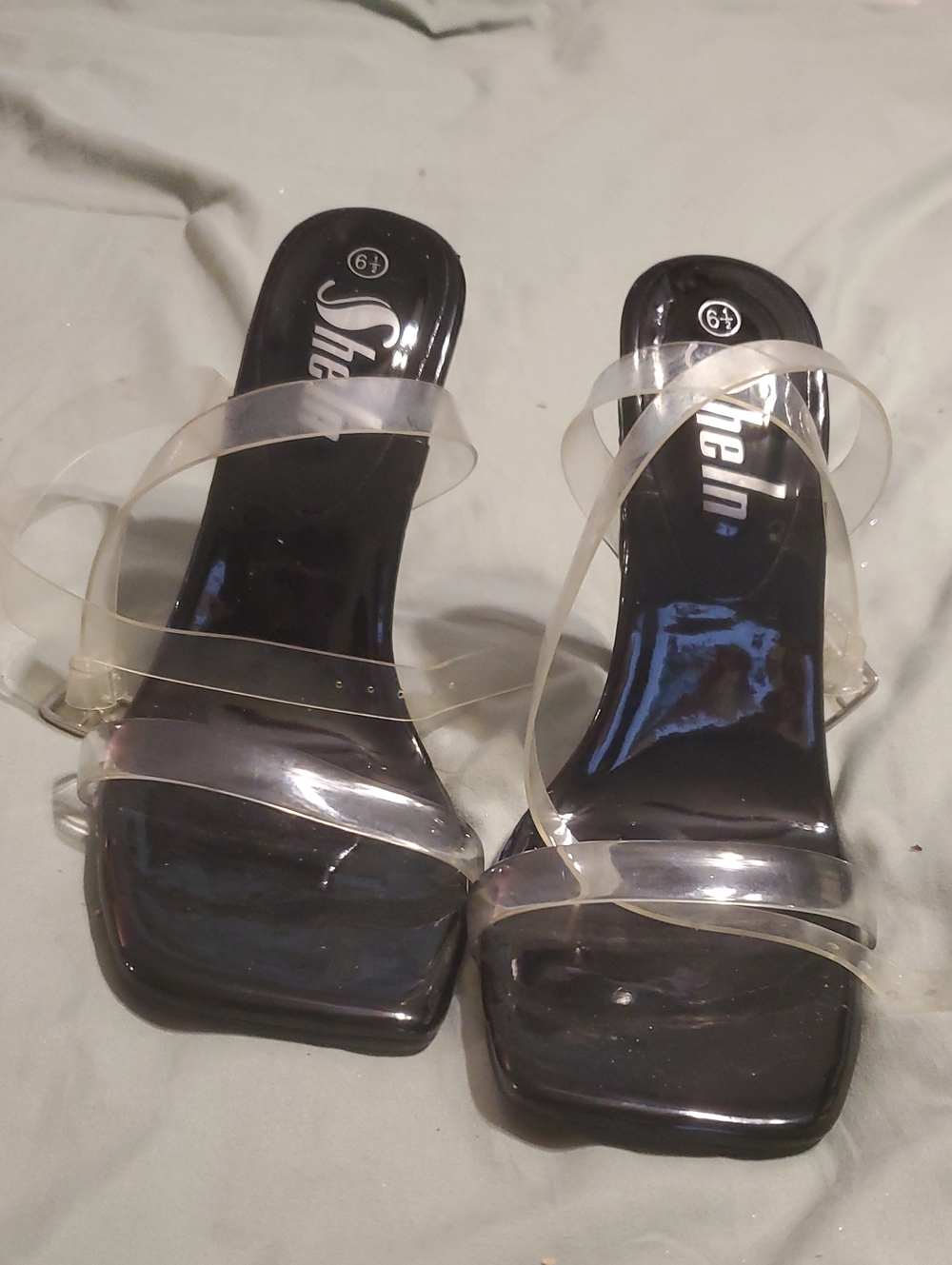 SHEIN Black Square-Toe Clear Strap Slide Heels